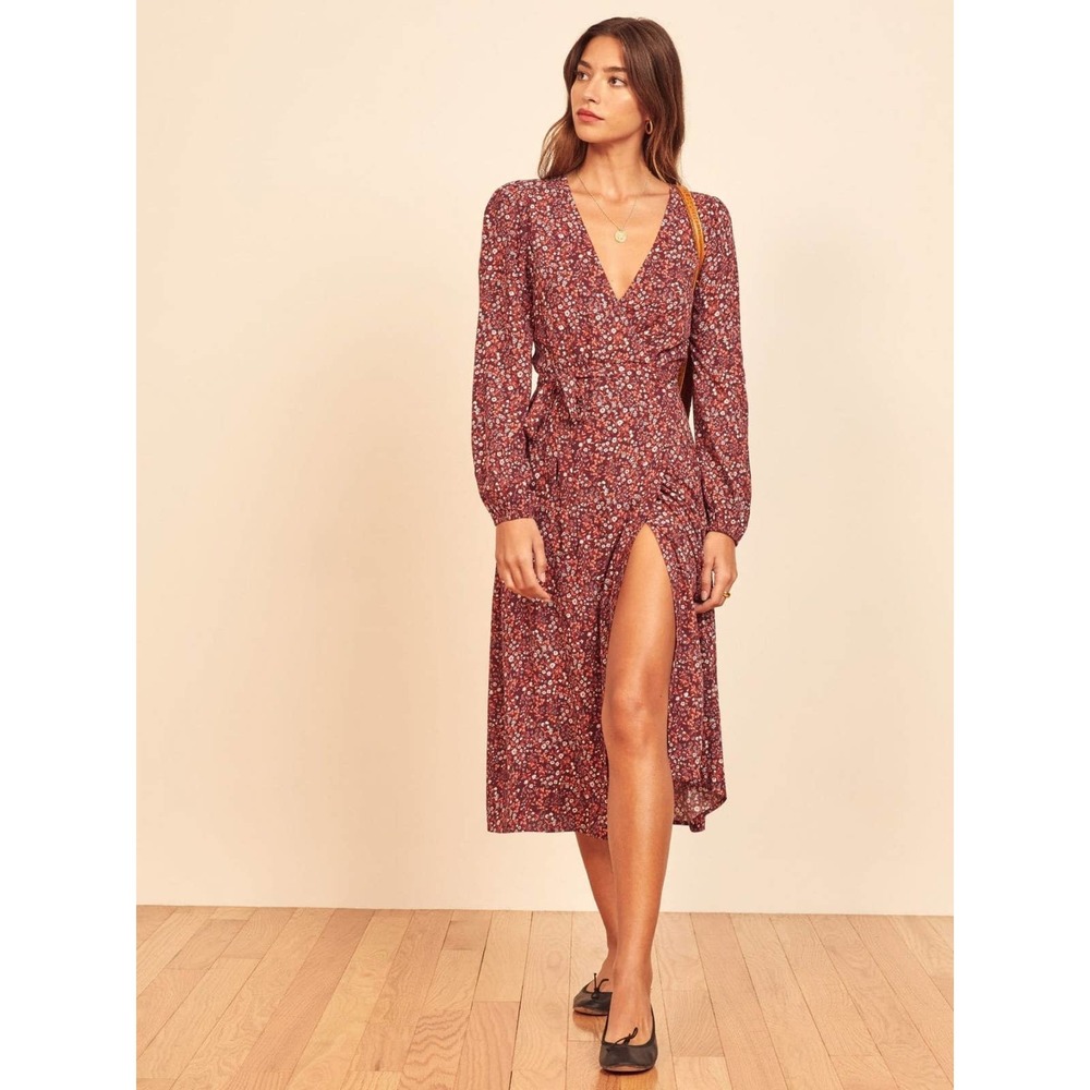 Reformation Liva Dress Helena Floral Midi Wrap Dress Fall Cocktail Size XS